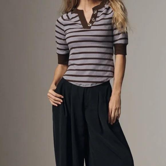 Anthropologie Maeve Half Sleeve Henley Ribbed Striped Jeweled Button Shirt Top - Picture 1 of 8